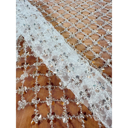 LL-1564 beautiful allover square pattern lace tulle fabric with big transparent sequins and silver beads in white color. High quality lace.