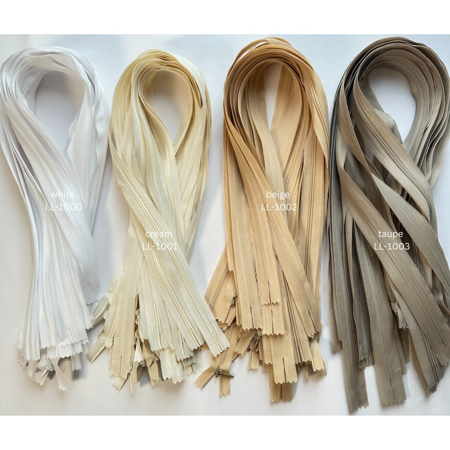 3pc, 70cm long, YKK seam-covered zipper, spiral zip, adjustable, non-separable, 5mm running rail, in white, cream, beige, taupe, rosé