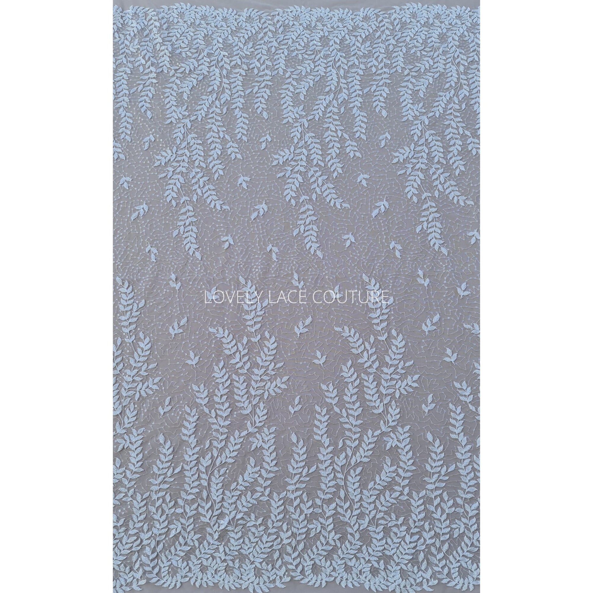 LL-1565, bridal lace fabric with leaves, beads and transparent sequins in white color