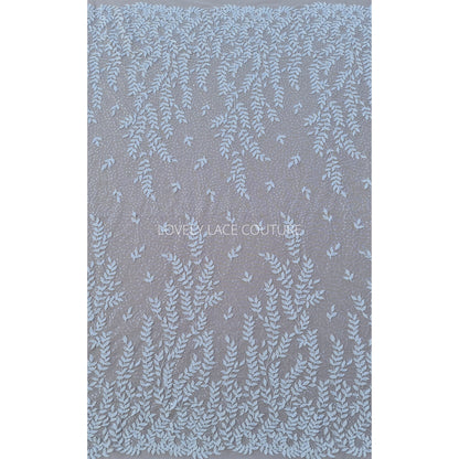 LL-1565, bridal lace fabric with leaves, beads and transparent sequins in white color