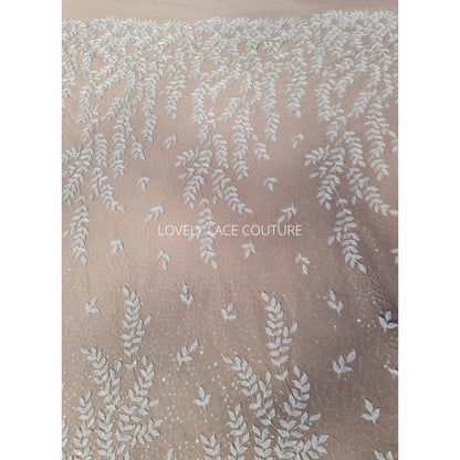 LL-1565, bridal lace fabric with leaves, beads and transparent sequins in white color