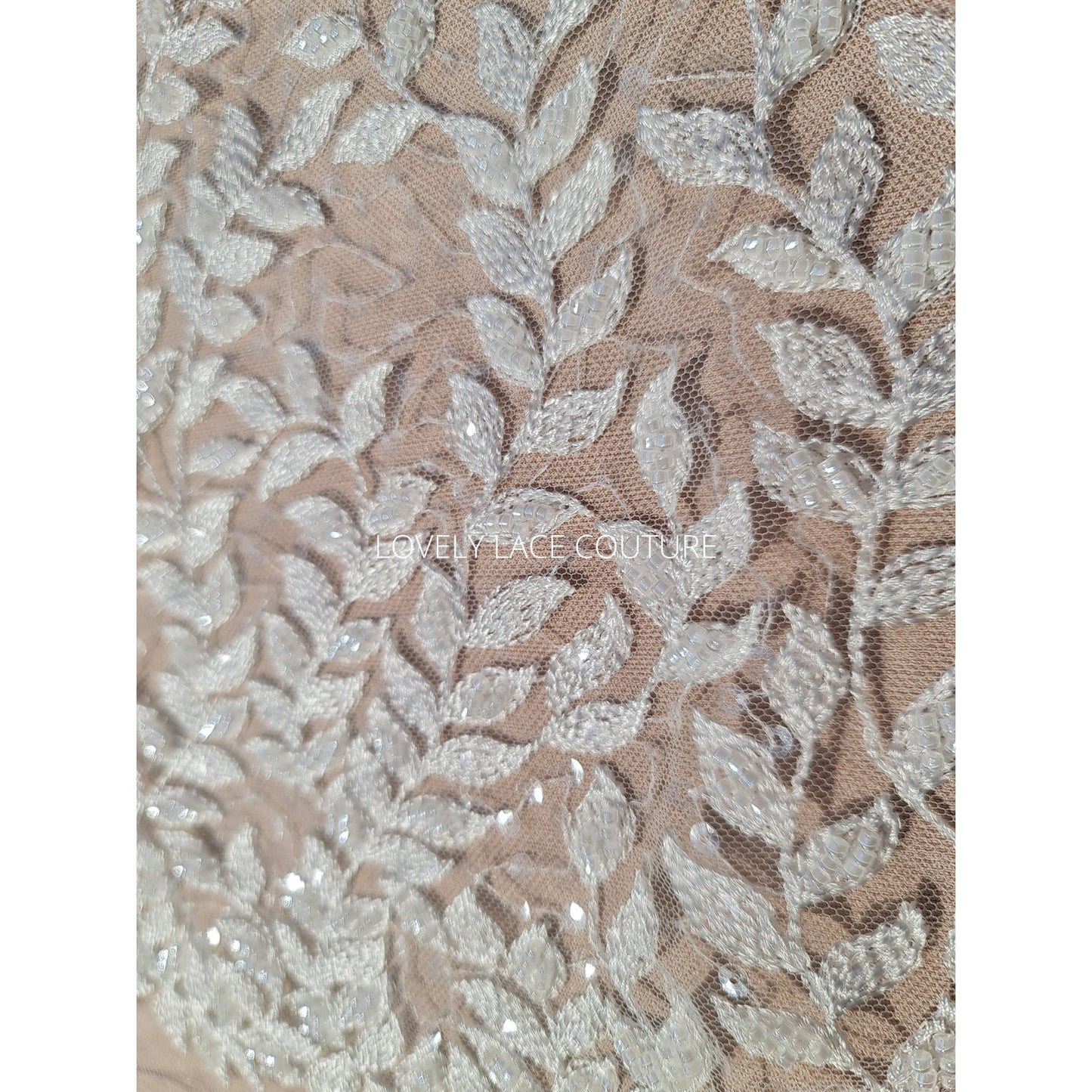 LL-1565, bridal lace fabric with leaves, beads and transparent sequins in white color