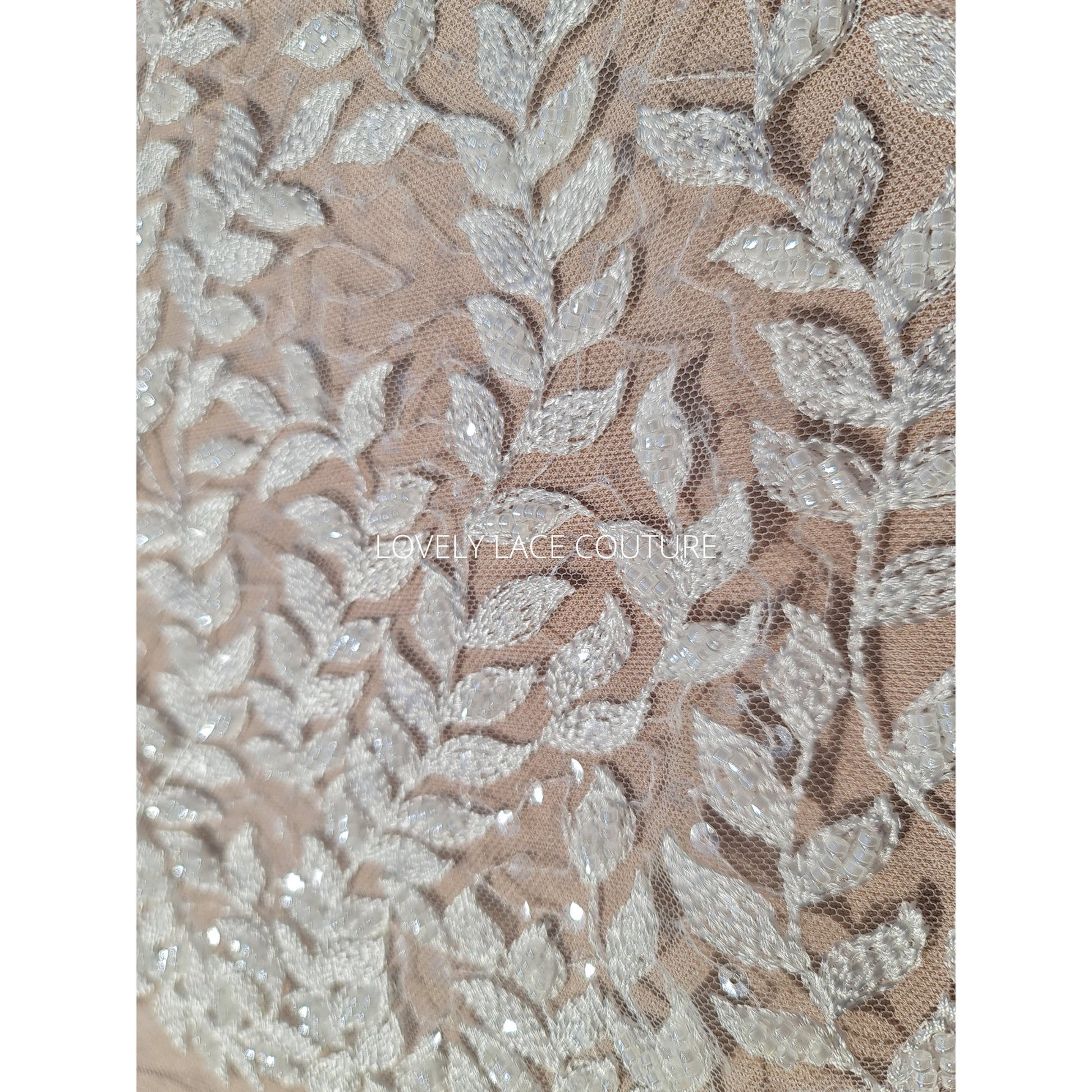 LL-1565, bridal lace fabric with leaves, beads and transparent sequins in white color