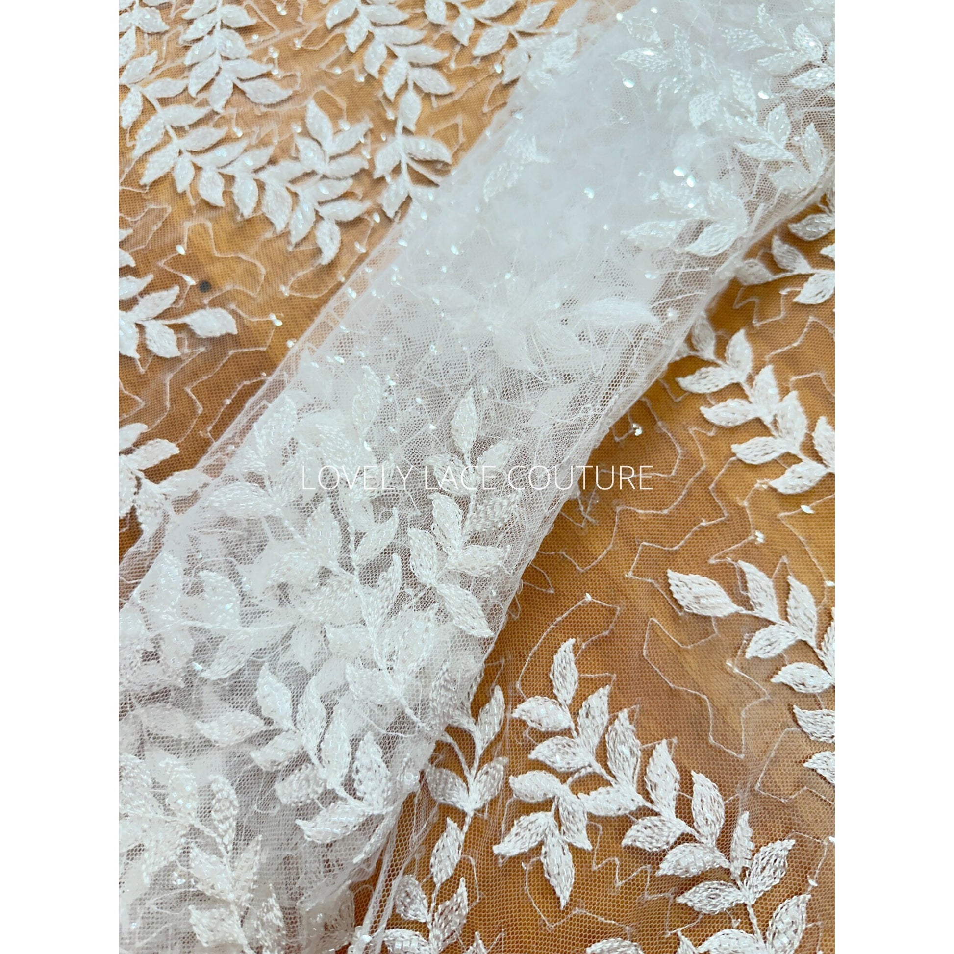 LL-1565, bridal lace fabric with leaves, beads and transparent sequins in white color