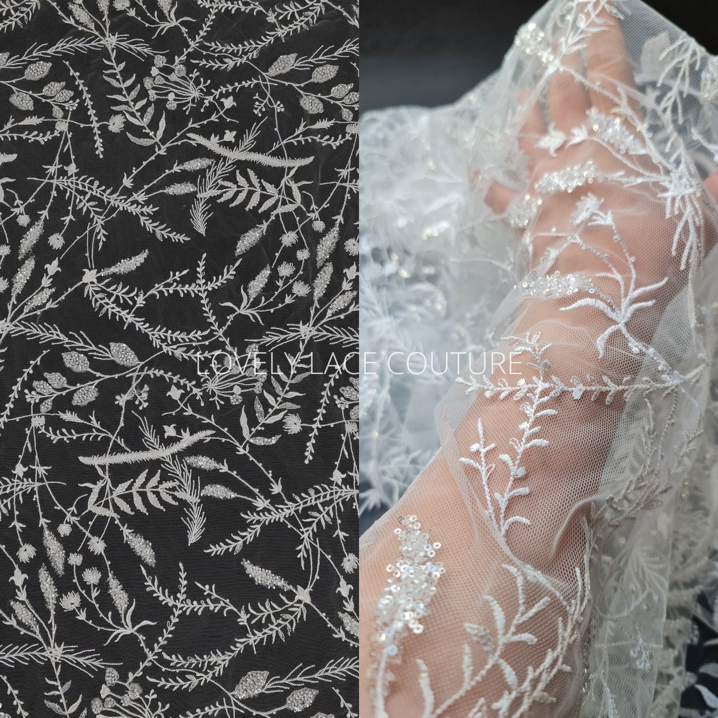 delicate bridal lace fabric with transparent buggle beads and sequins in white color, with modern leaf pattern, softtulle fabric that is embroidered with beautiful allover leaf design