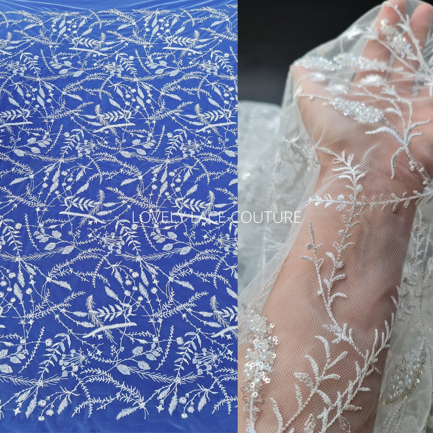 lace fabric with transparent buggle beads and sequins in white color on a blue background and shown on the hand