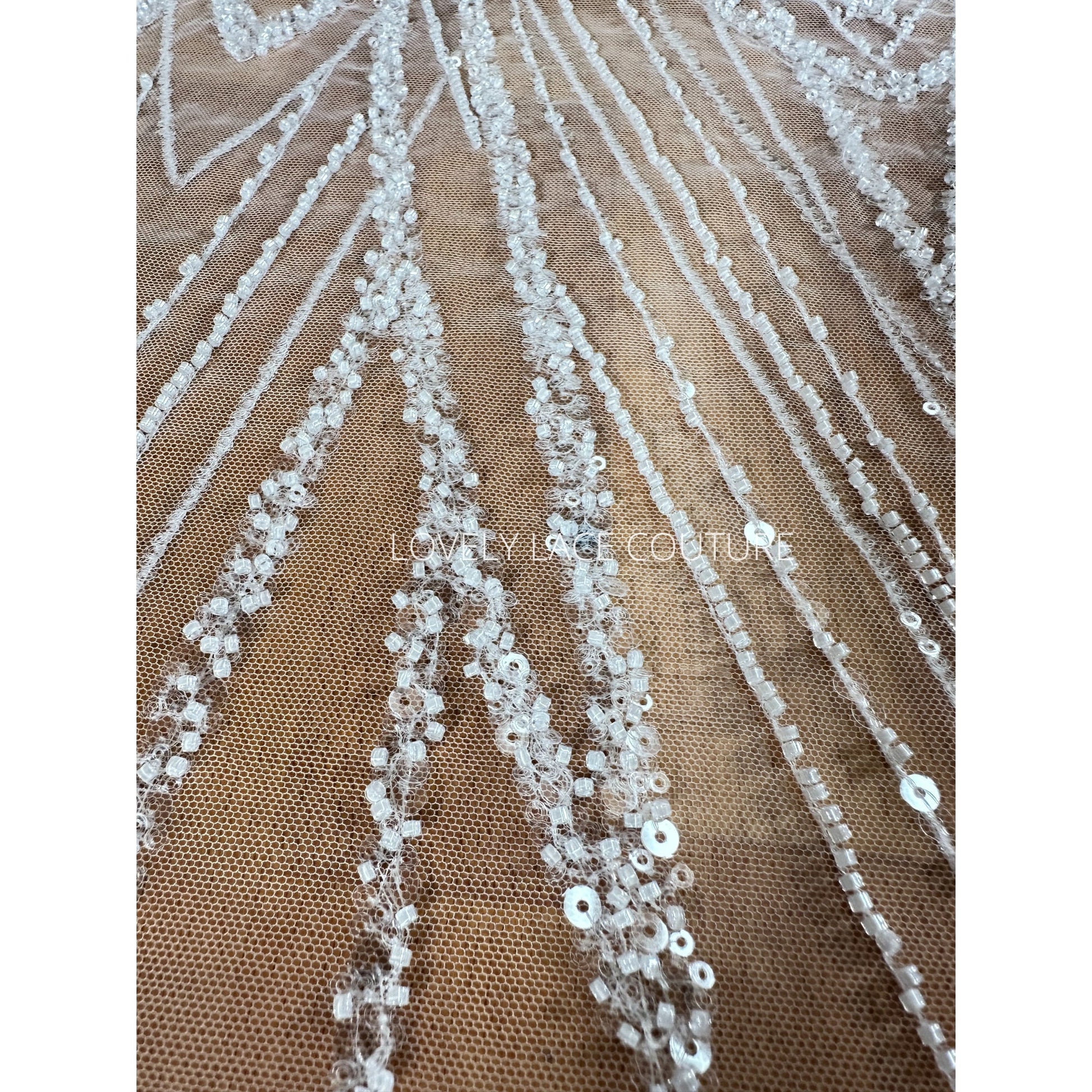LL-1562, Gorgeous geometrical bridal lace fabric with beads and sequins by yards, luxurious beaded wedding dress lace in off-white color