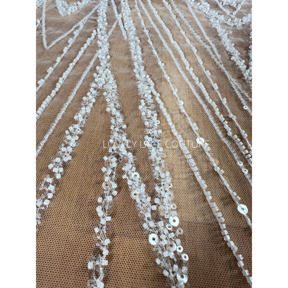 LL-1562, Gorgeous geometrical bridal lace fabric with beads and sequins by yards, luxurious beaded wedding dress lace in off-white color