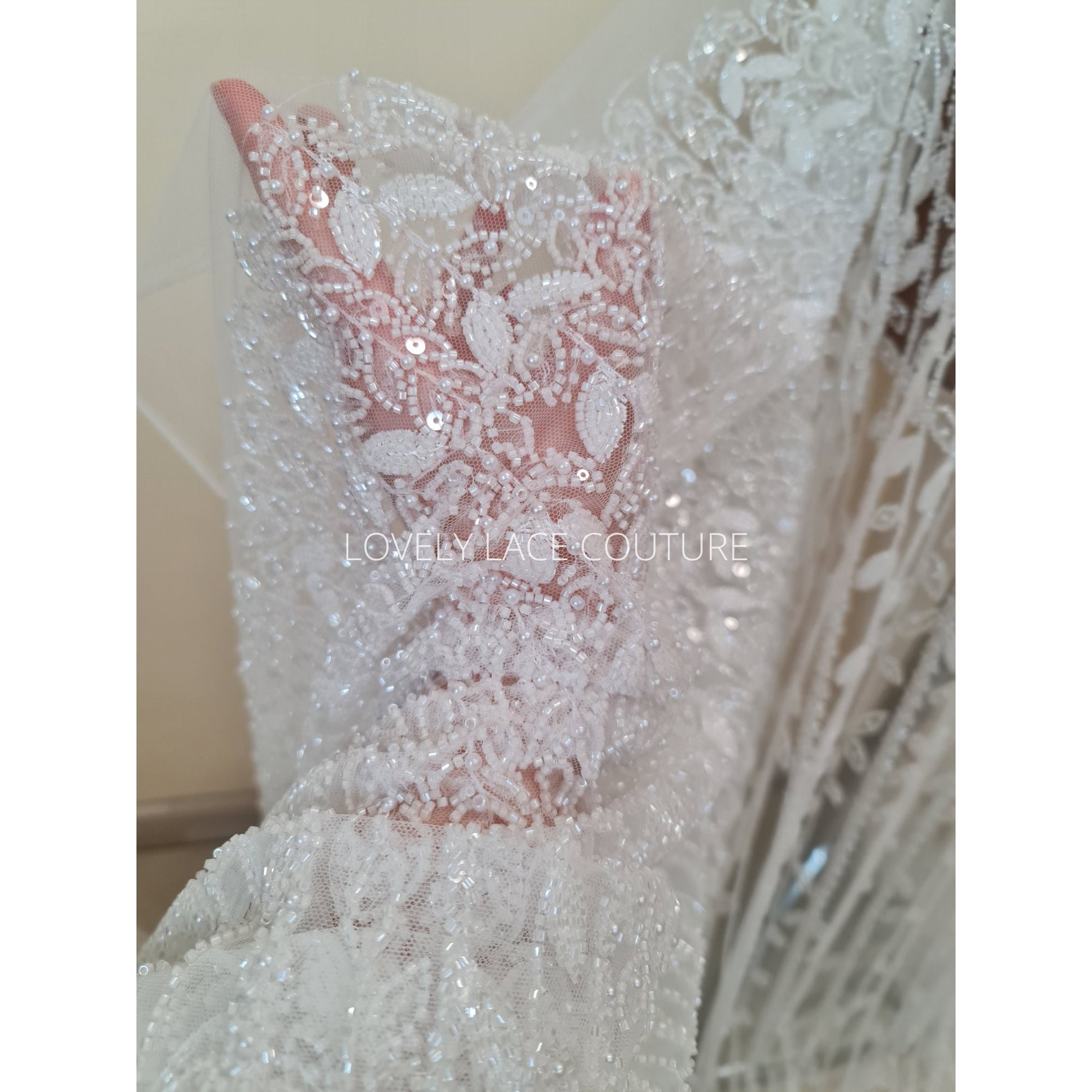 LL-1563, off-white bridal lace fabric with beads and sequins in a modern gorgoues geometrical design, fabric per meter