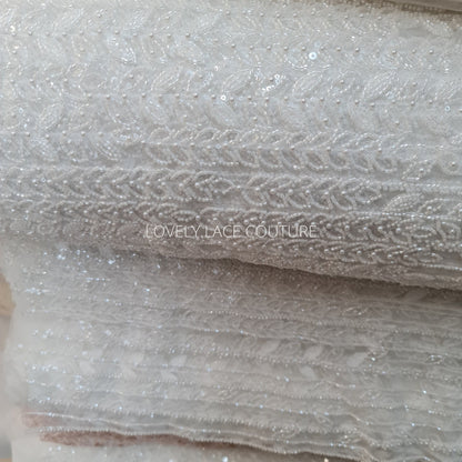 LL-1563, off-white bridal lace fabric with beads and sequins in a modern gorgoues geometrical design, fabric per meter