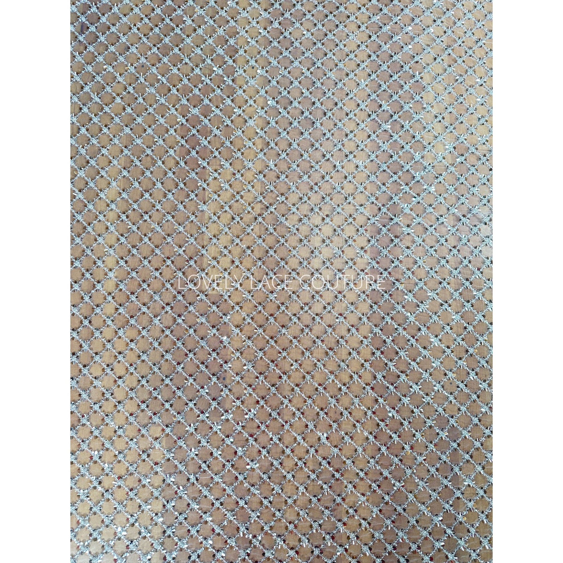 LL-1564 beautiful allover square pattern lace tulle fabric with big transparent sequins and silver beads in white color. High quality lace.