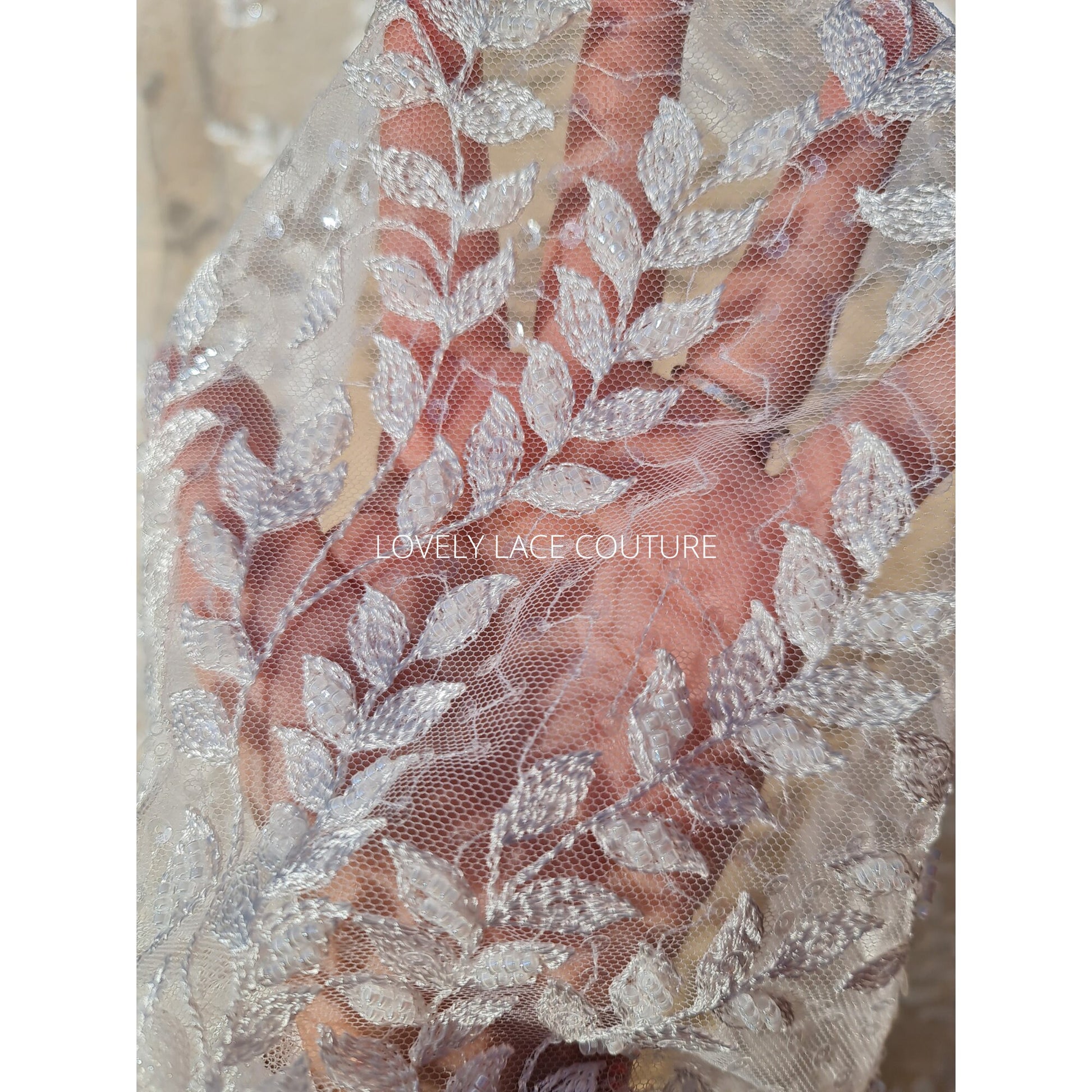 LL-1565, bridal lace fabric with leaves, beads and transparent sequins in white color