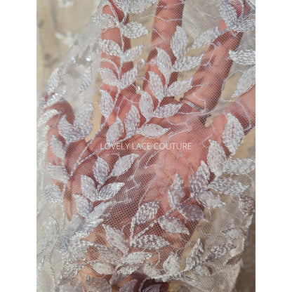 LL-1565, bridal lace fabric with leaves, beads and transparent sequins in white color