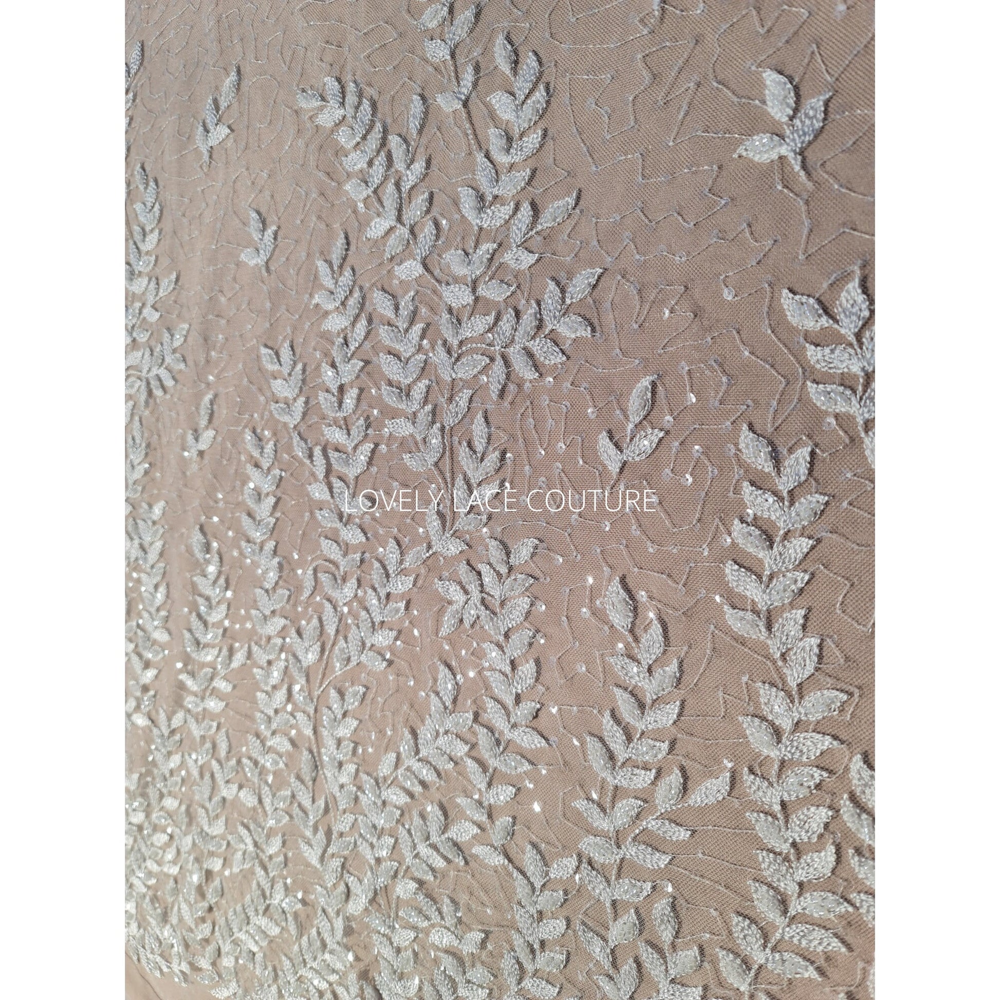 LL-1565, bridal lace fabric with leaves, beads and transparent sequins in white color