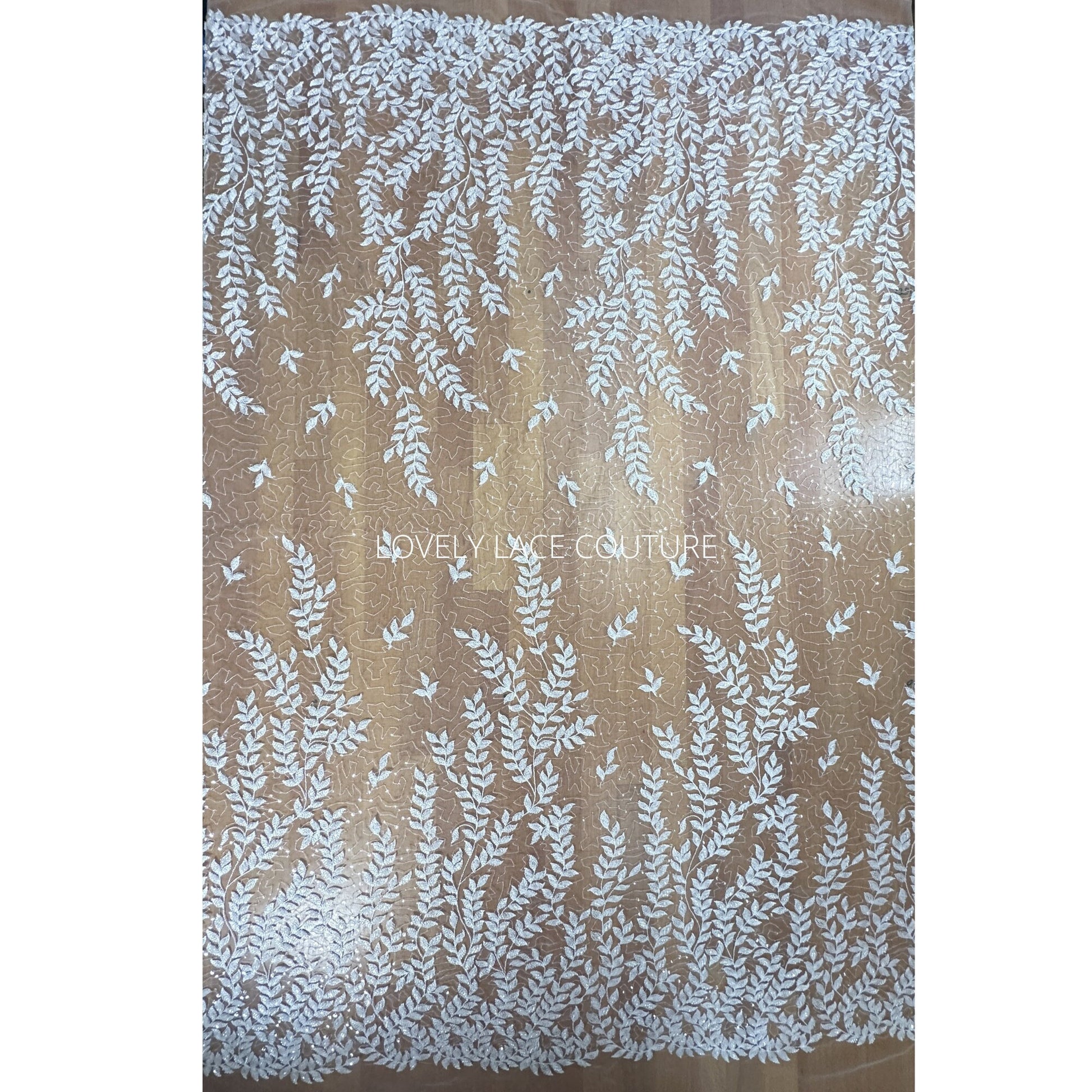 LL-1565, bridal lace fabric with leaves, beads and transparent sequins in white color