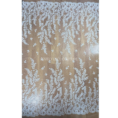 LL-1565, bridal lace fabric with leaves, beads and transparent sequins in white color