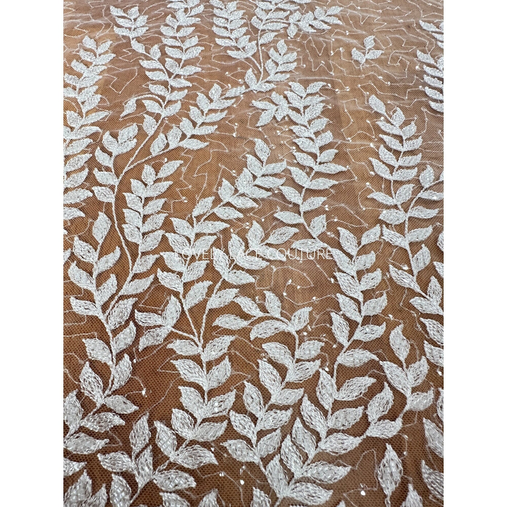 LL-1565, bridal lace fabric with leaves, beads and transparent sequins in white color