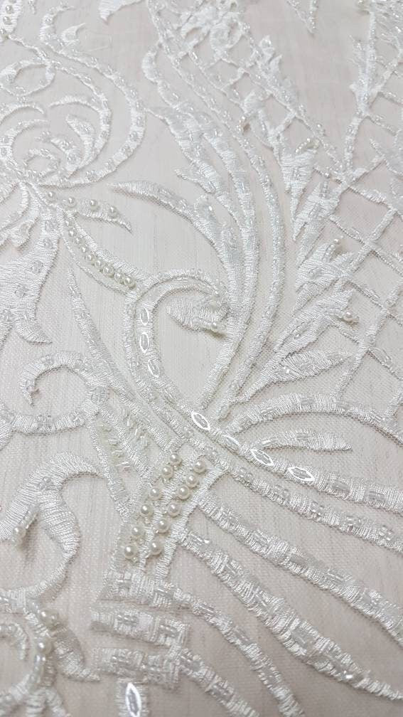 Beautiful ornamental lace fabric in ivory color, Bridal lace fabric, Embroidered lace fabric for wedding dresses or evening dresses LL-1140