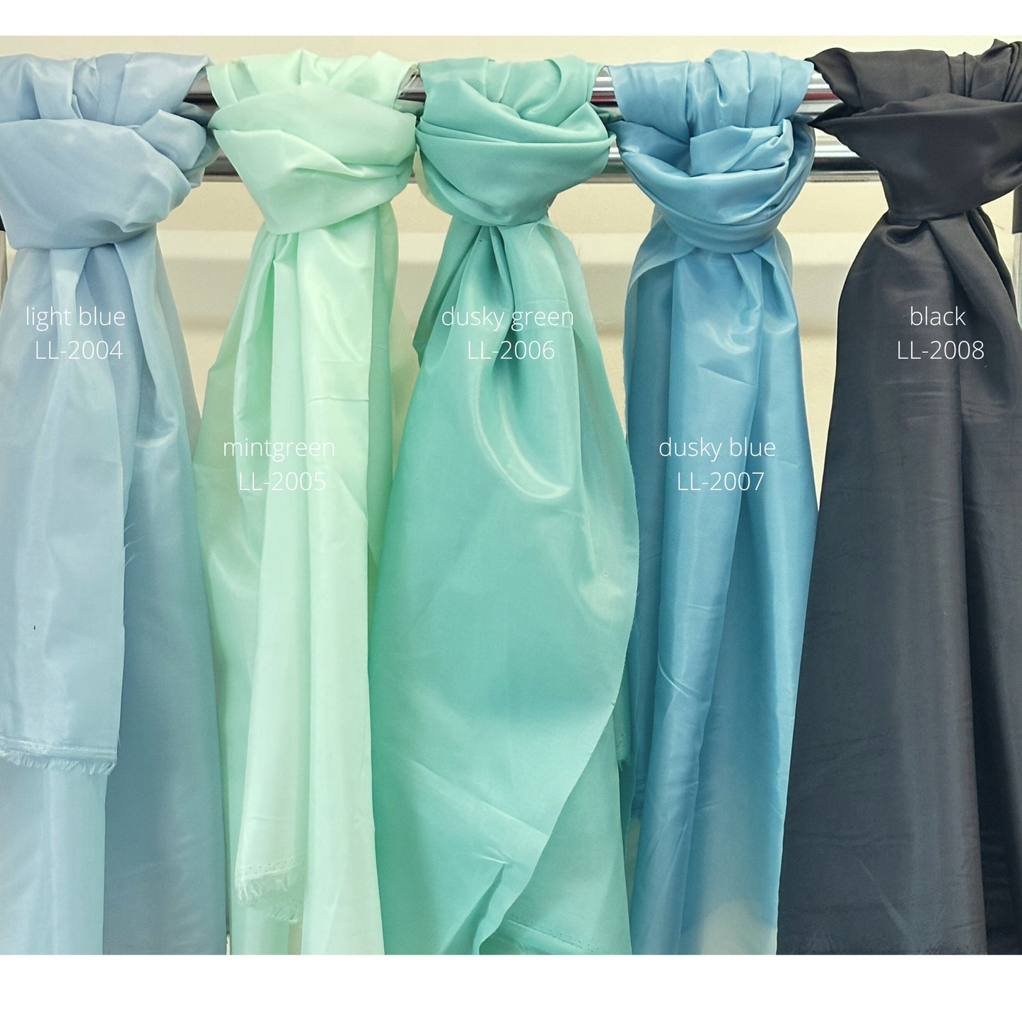 taffeta lining in light blue, mintgreen, dusky green, dusky blue and black color