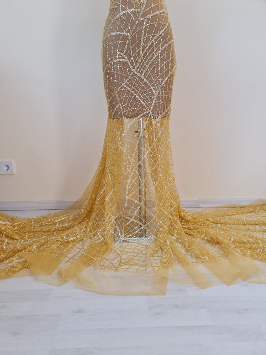 LL-1482, modern beaded bridal lace fabric with abstract net design in dark yellow color