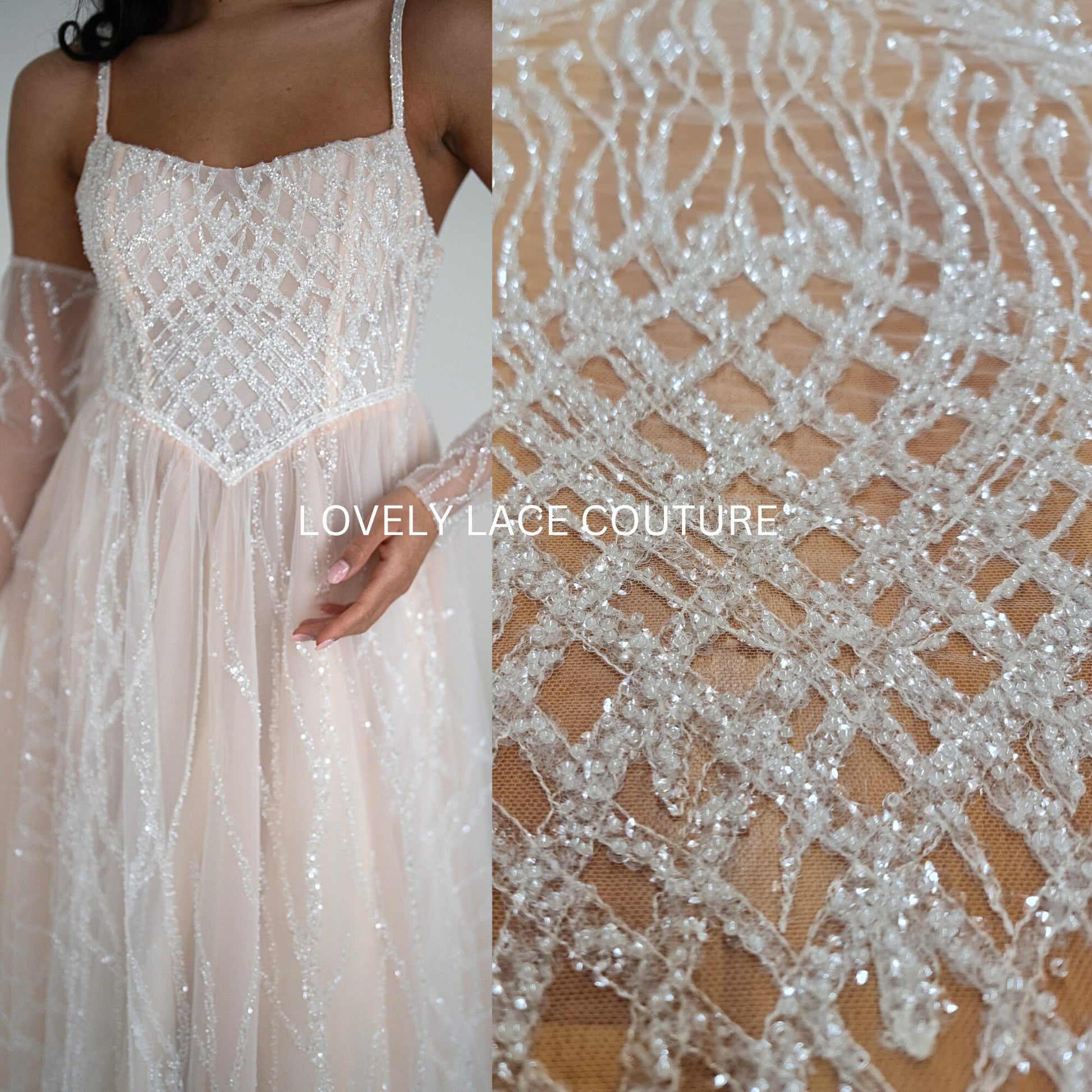 beaded lace fabric with abstract pattern in off-white color