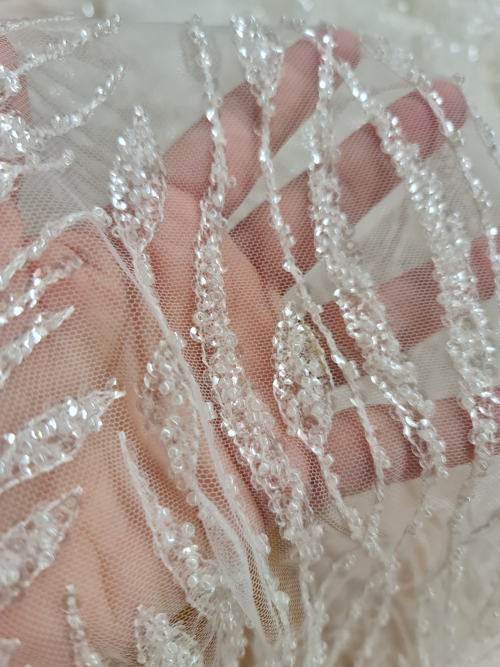 LL-1375, gorgeous beaded lace fabric with abstract pattern in off-white color, soft lace tulle fabric with beads and transparent sequins