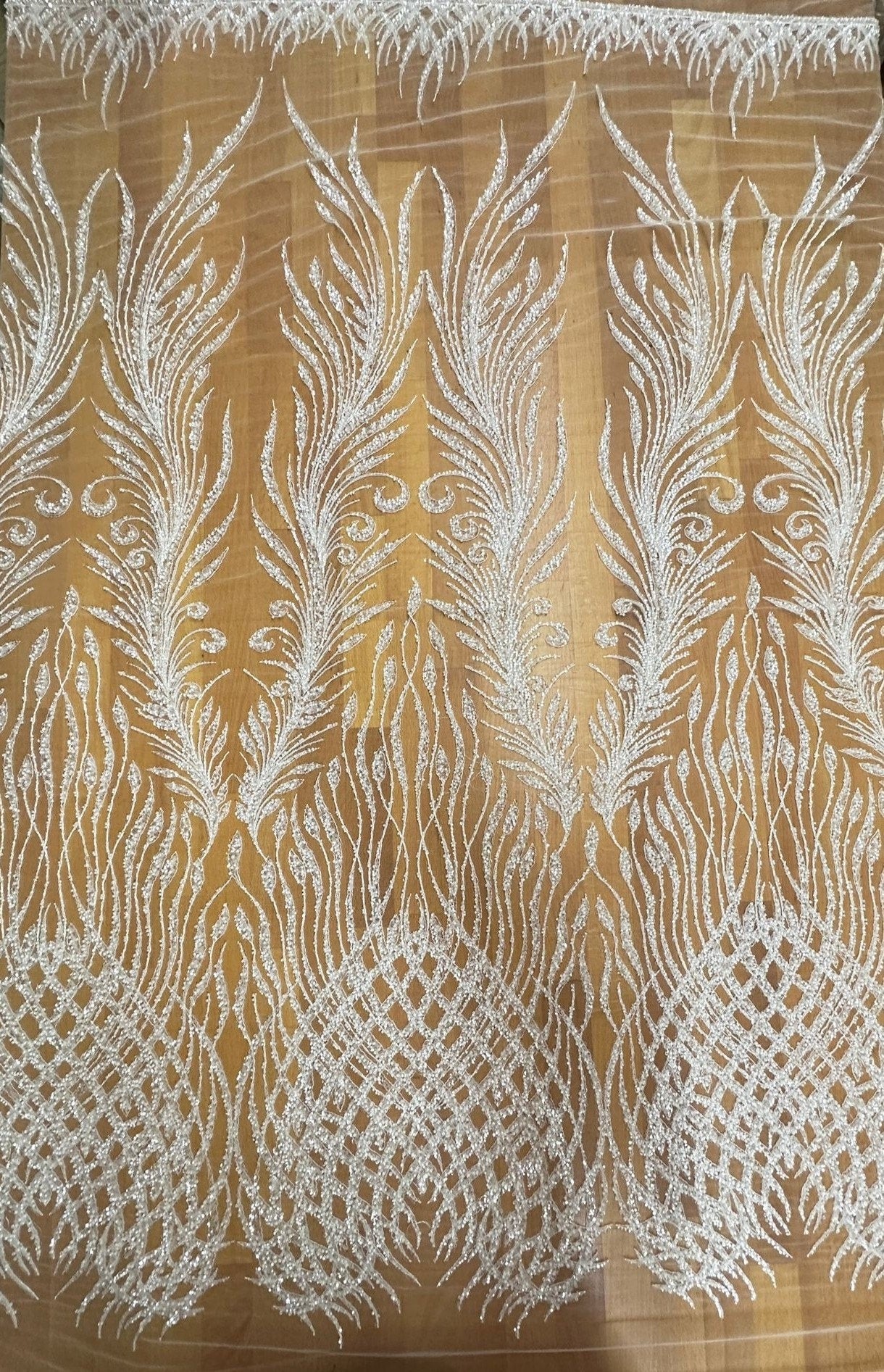 LL-1375, gorgeous beaded lace fabric with abstract pattern in off-white color, soft lace tulle fabric with beads and transparent sequins