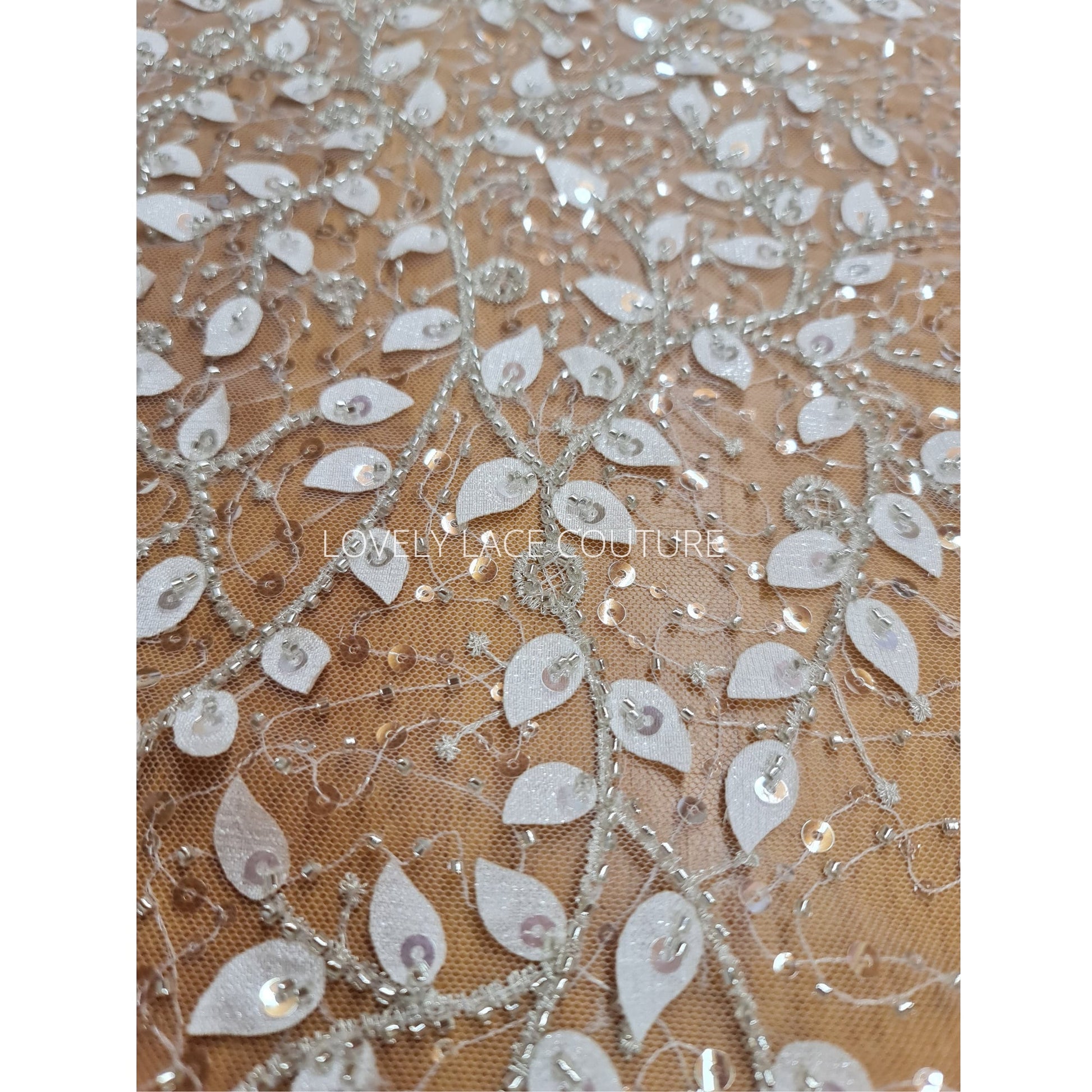LL-1164, beautiful leaf lace fabric with beads and transparent sequins, lace for gown, lacing fabric, Leaf tendril, starts at 0,5 meter