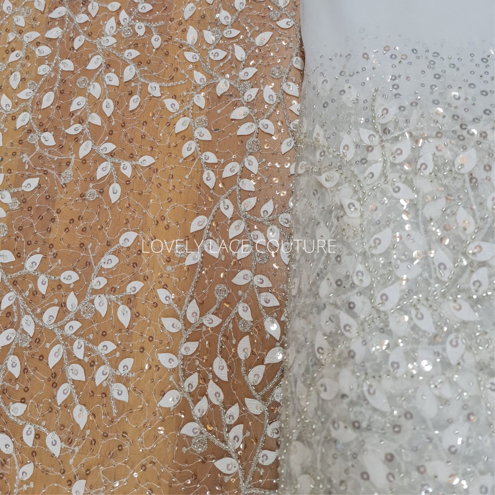 LL-1164, beautiful leaf lace fabric with beads and transparent sequins, lace for gown, lacing fabric, Leaf tendril, starts at 0,5 meter