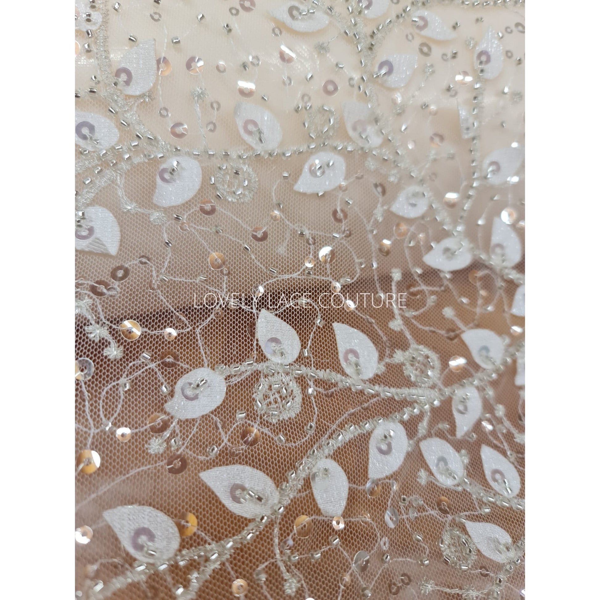 LL-1164, beautiful leaf lace fabric with beads and transparent sequins, lace for gown, lacing fabric, Leaf tendril, starts at 0,5 meter