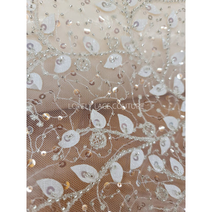 LL-1164, beautiful leaf lace fabric with beads and transparent sequins, lace for gown, lacing fabric, Leaf tendril, starts at 0,5 meter