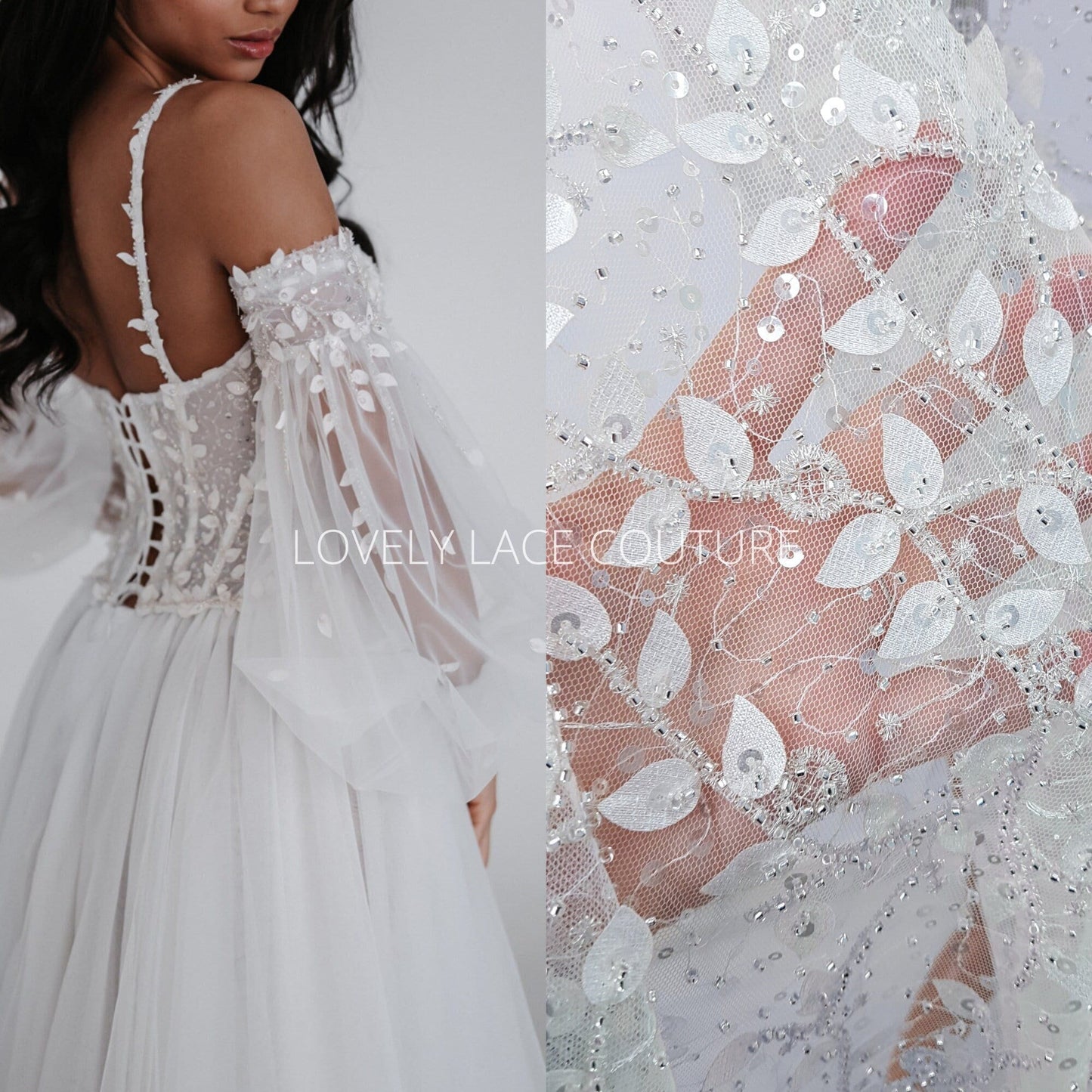lace fabric with 3d leaf design in ivory color
