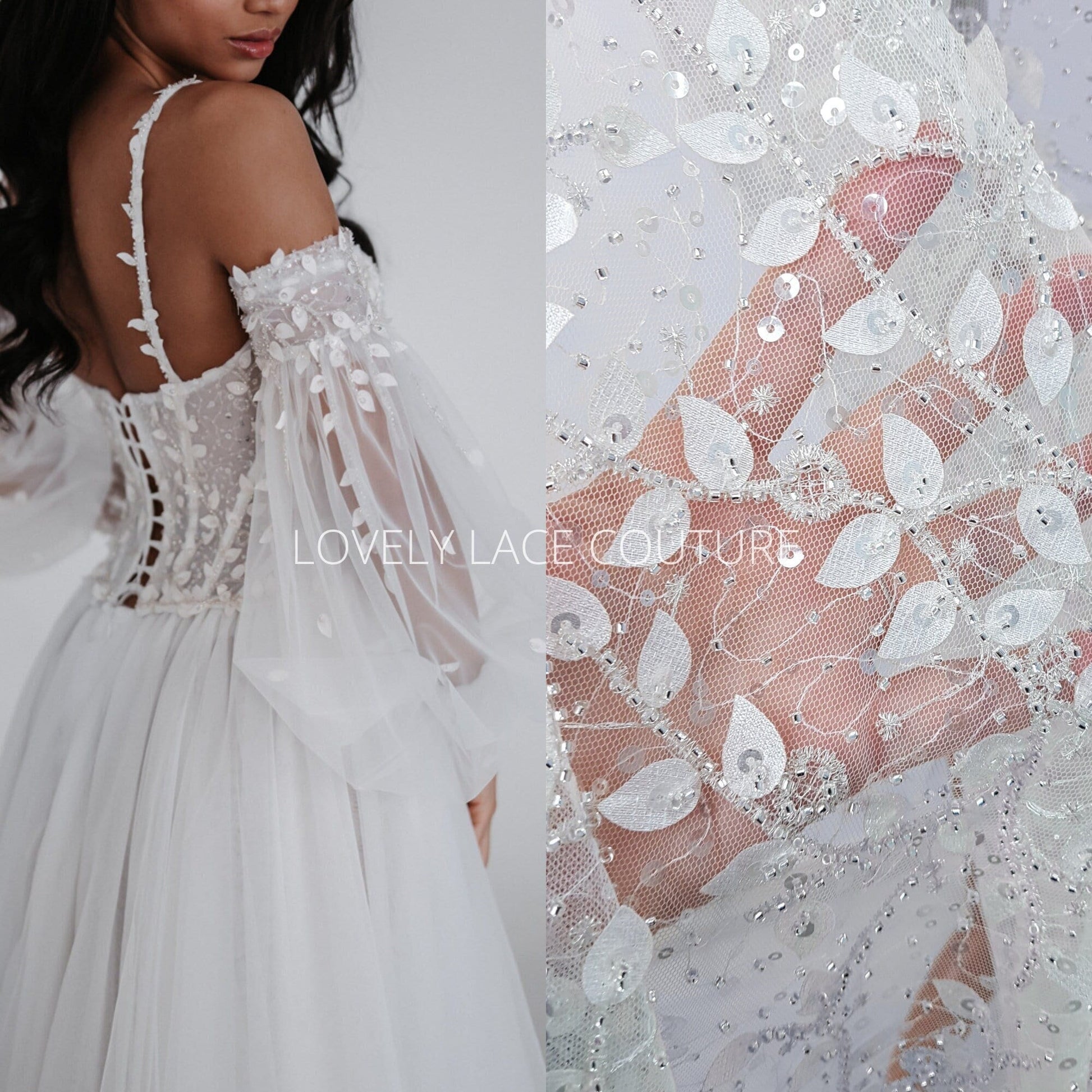 lace fabric with 3d leaf design in ivory color