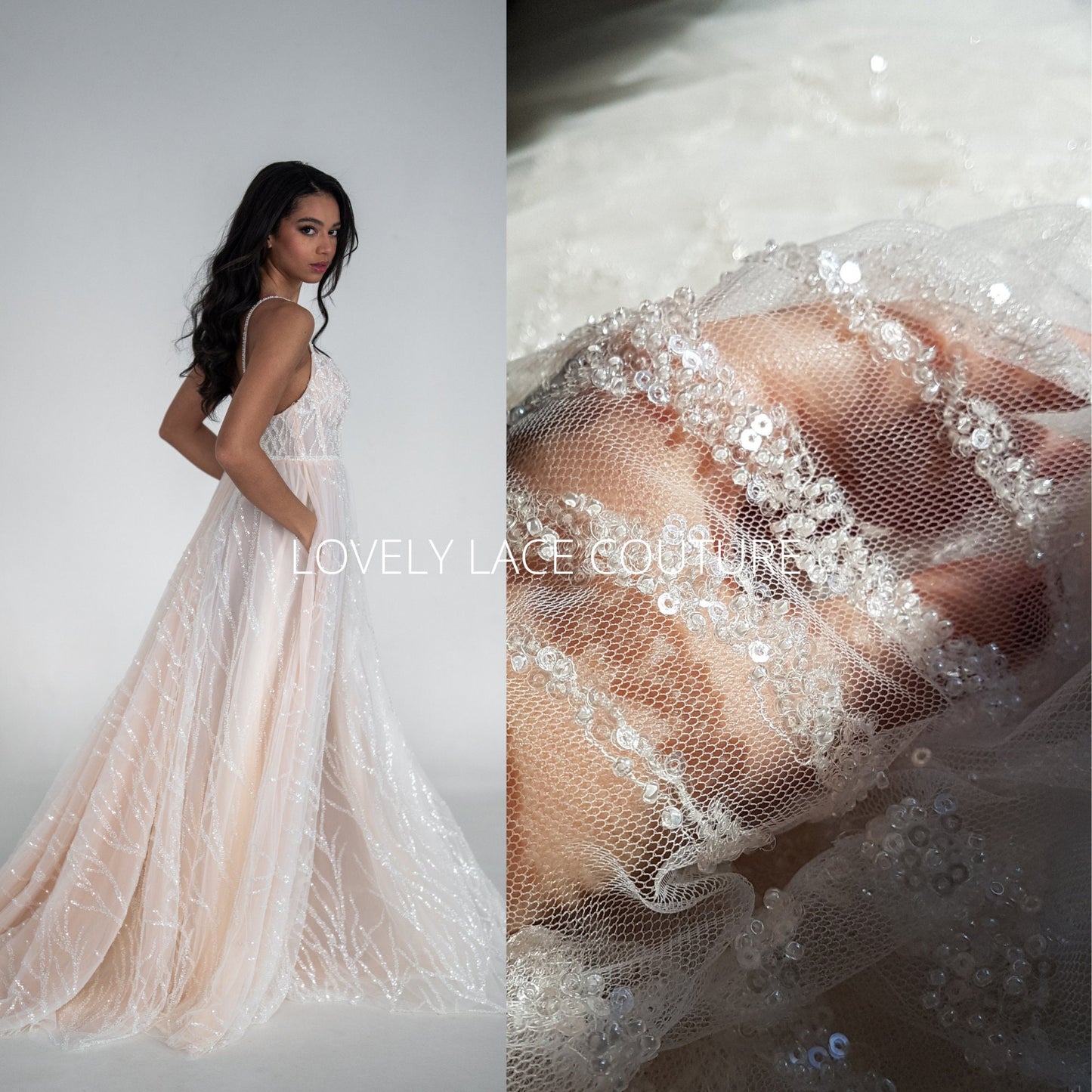 LL-1180 beautiful sparkling lace fabric with a modern abstract branch pattern in off-white color, starts at 0,5m