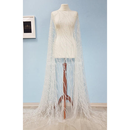 LL-1180 beautiful sparkling lace fabric with a modern abstract branch pattern in off-white color, starts at 0,5m