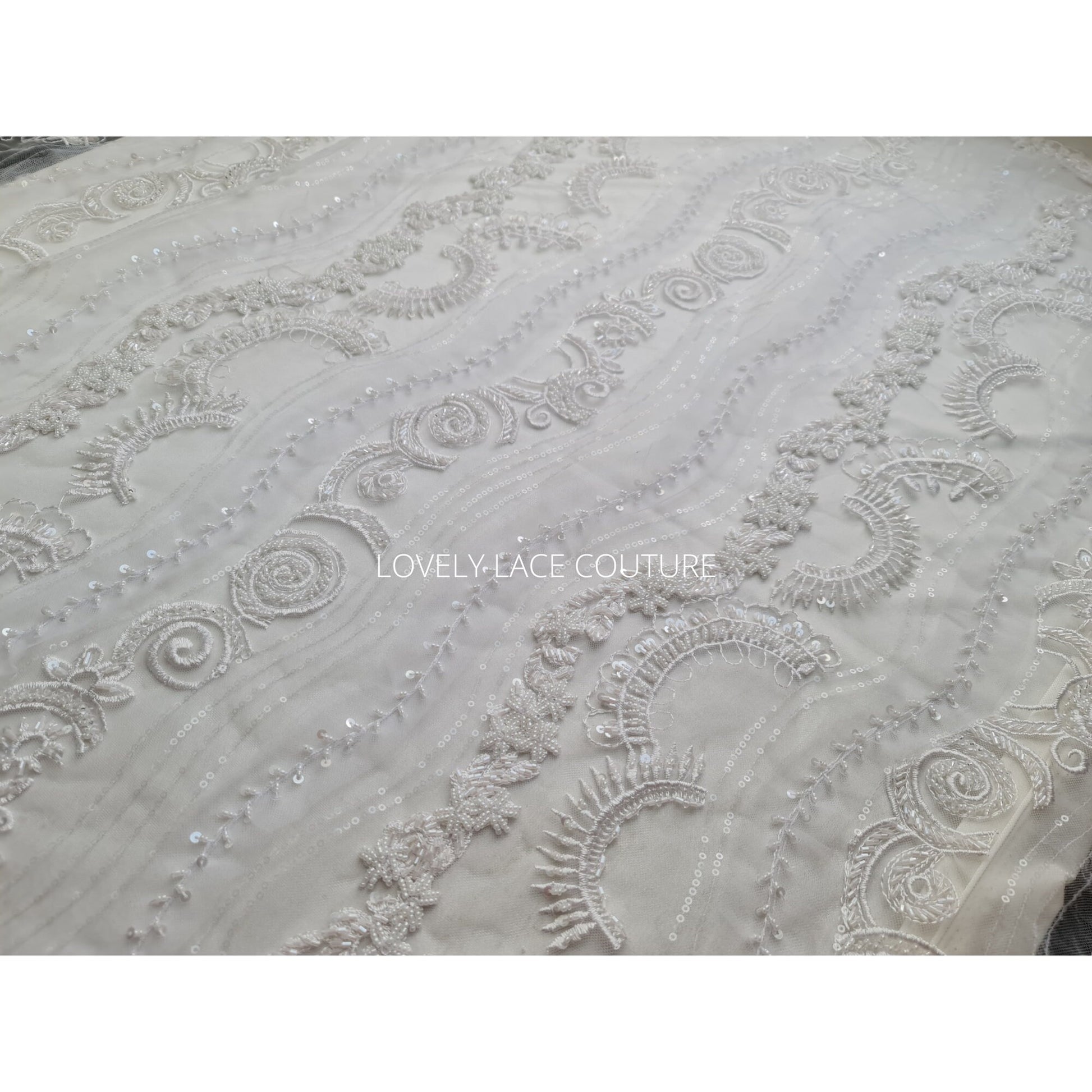 Beautiful rare beaded lace fabric with wave pattern in off-white LL-1329, or oldrose color LL-1330, star and moon design, start at 0,5m