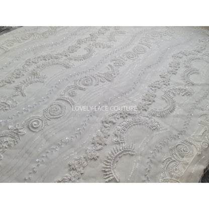 Beautiful rare beaded lace fabric with wave pattern in off-white LL-1329, or oldrose color LL-1330, star and moon design, start at 0,5m