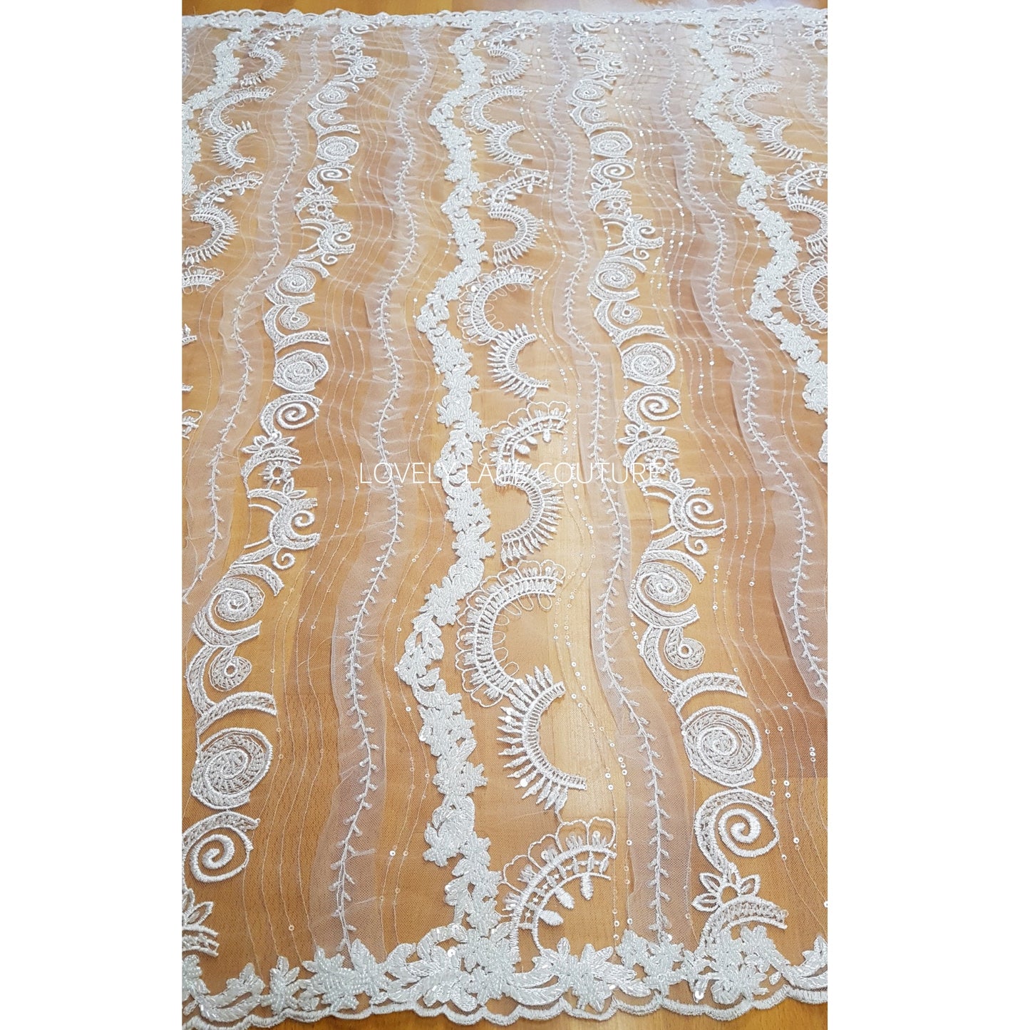 Beautiful rare beaded lace fabric with wave pattern in off-white LL-1329, or oldrose color LL-1330, star and moon design, start at 0,5m