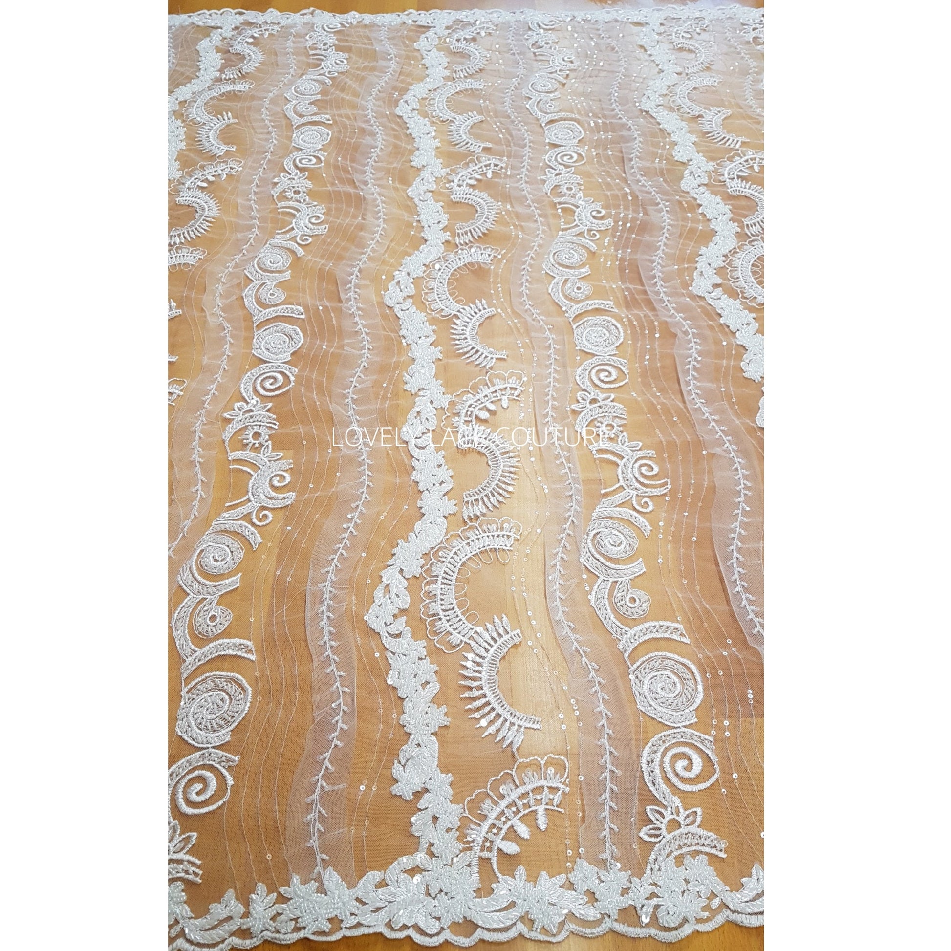 Beautiful rare beaded lace fabric with wave pattern in off-white LL-1329, or oldrose color LL-1330, star and moon design, start at 0,5m