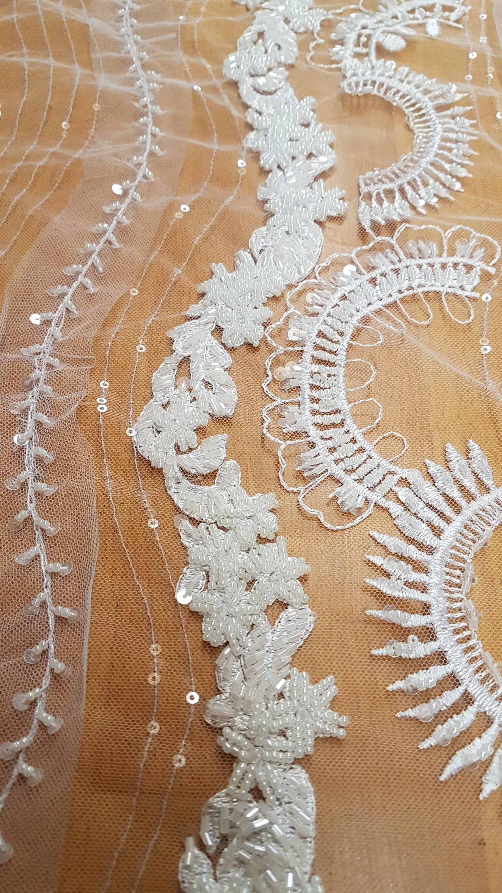 Beautiful rare beaded lace fabric with wave pattern in off-white LL-1329, or oldrose color LL-1330, star and moon design, start at 0,5m