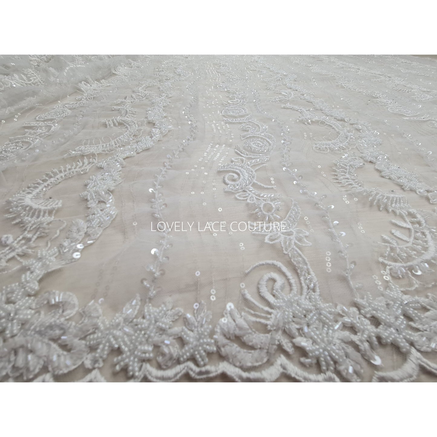 Beautiful rare beaded lace fabric with wave pattern in off-white LL-1329, or oldrose color LL-1330, star and moon design, start at 0,5m