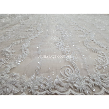Beautiful rare beaded lace fabric with wave pattern in off-white LL-1329, or oldrose color LL-1330, star and moon design, start at 0,5m