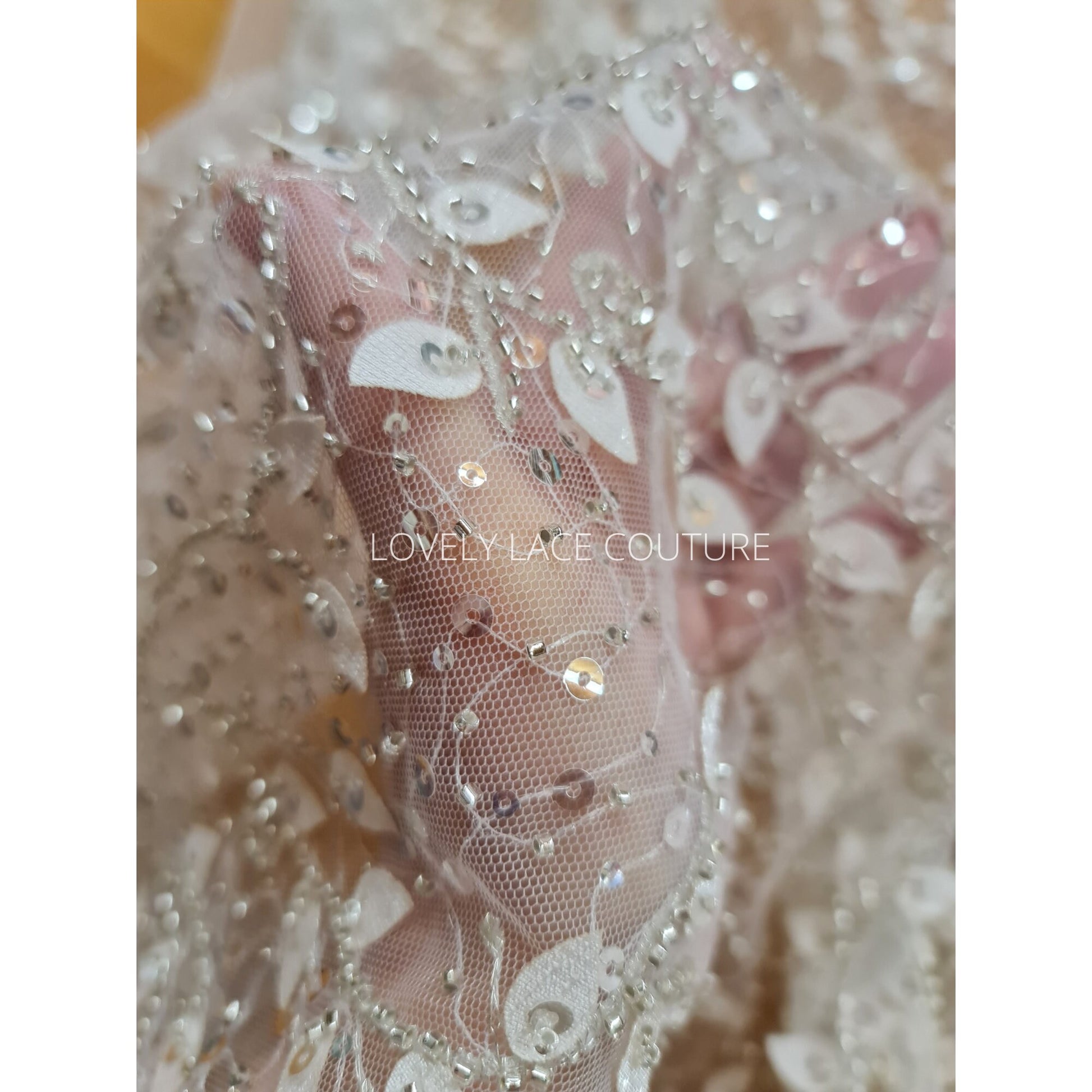 LL-1164, beautiful leaf lace fabric with beads and transparent sequins, lace for gown, lacing fabric, Leaf tendril, starts at 0,5 meter