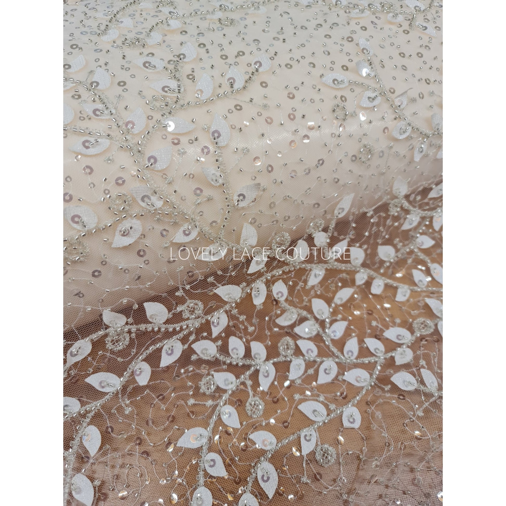 LL-1164, beautiful leaf lace fabric with beads and transparent sequins, lace for gown, lacing fabric, Leaf tendril, starts at 0,5 meter