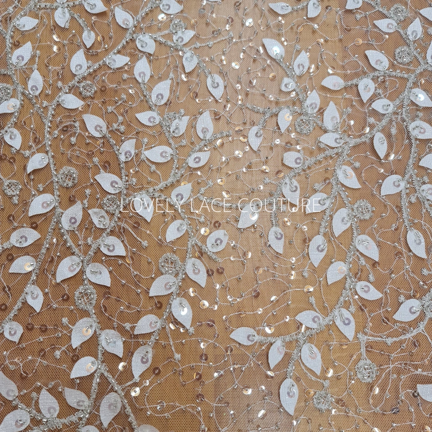 LL-1164, beautiful leaf lace fabric with beads and transparent sequins, lace for gown, lacing fabric, Leaf tendril, starts at 0,5 meter