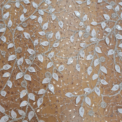LL-1164, beautiful leaf lace fabric with beads and transparent sequins, lace for gown, lacing fabric, Leaf tendril, starts at 0,5 meter