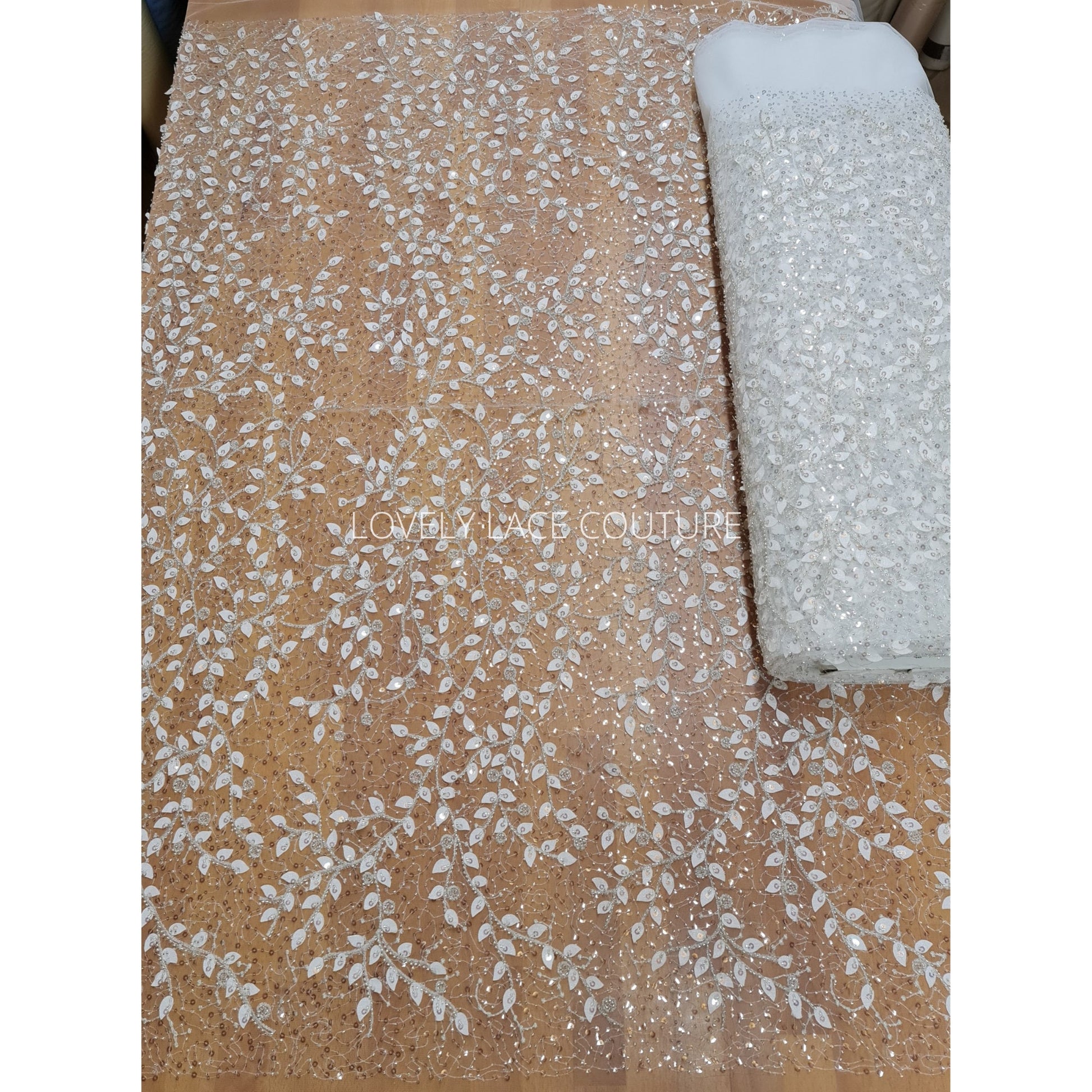 LL-1164, beautiful leaf lace fabric with beads and transparent sequins, lace for gown, lacing fabric, Leaf tendril, starts at 0,5 meter