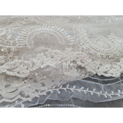 Beautiful rare beaded lace fabric with wave pattern in off-white LL-1329, or oldrose color LL-1330, star and moon design, start at 0,5m