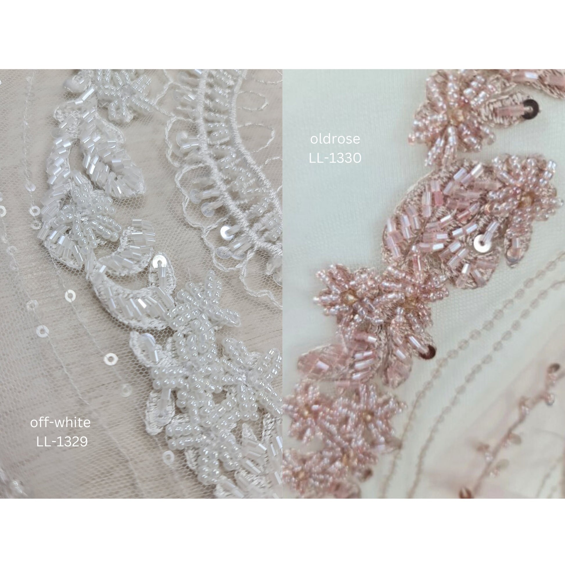 Beautiful rare beaded lace fabric with wave pattern in off-white LL-1329, or oldrose color LL-1330, star and moon design, start at 0,5m