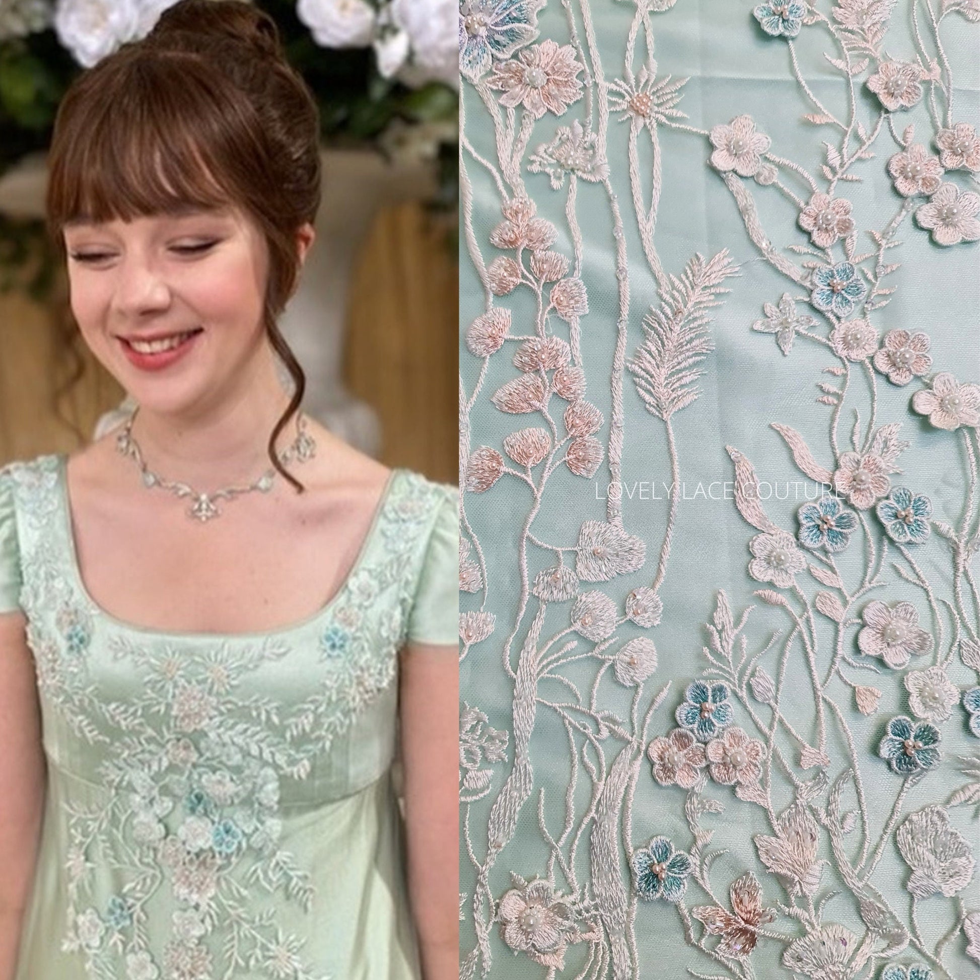 bridgerton lace fabric in mint color with 3D Flowerts and beautiful embroidery